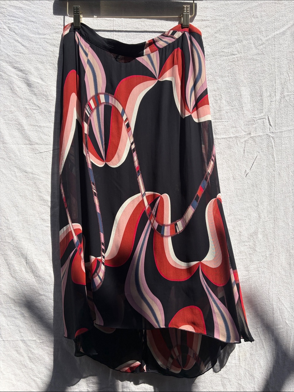 Black Wave-Print Midi Skirt with Red & Pink Accents